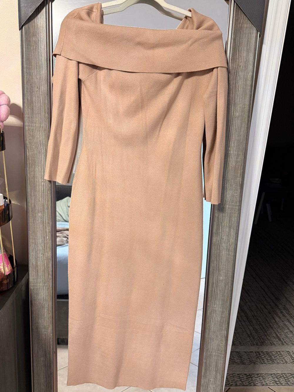 Off-Shoulder Midi Dress in Camel Taupe